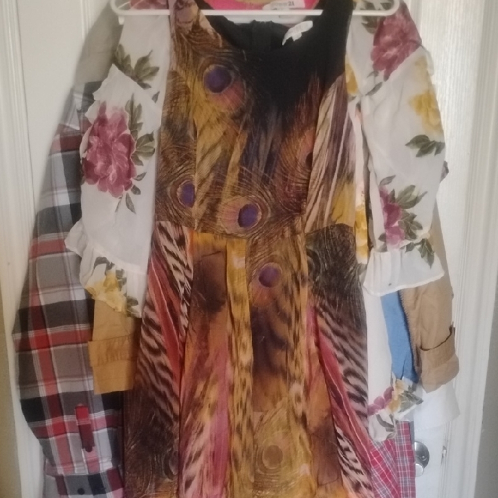 love, Fire Multicolor Feather Print Dress